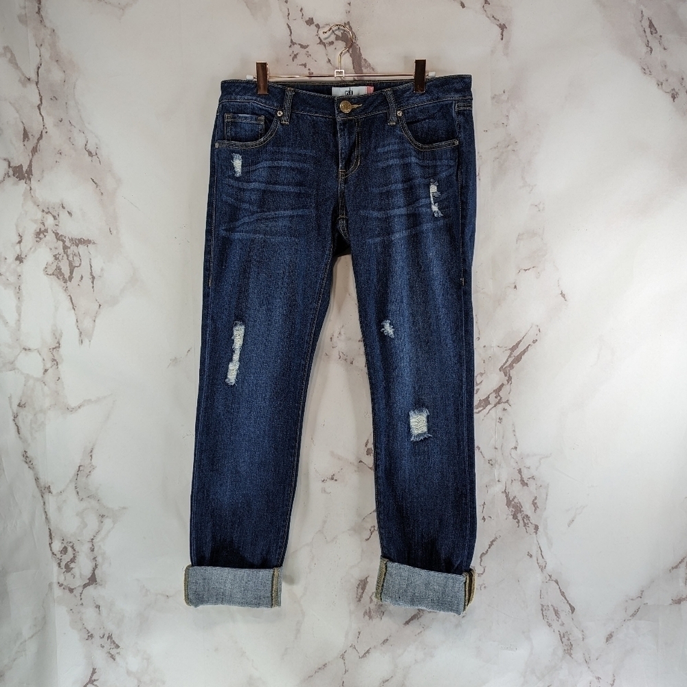 Cabi Jean Womens 4 Mid Rise Denim Slim Boyfriend Dark Wash Distressed